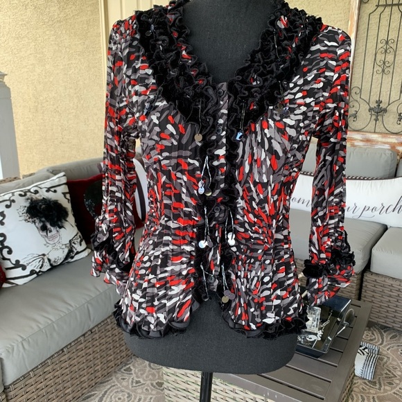 Choices Sheer Chiffon Button Down Shirt - Picture 6 of 11